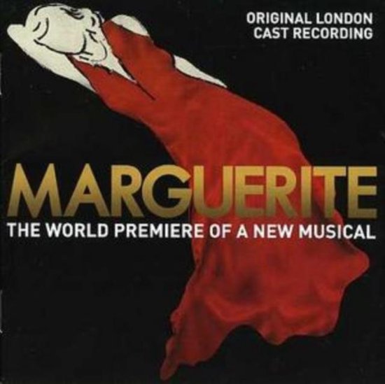 Hoes van de 'Marguerite' musical: Rode stof, met tekst 'ORIGINAL LONDON CAST RECORDING' en 'MARGUERITE, THE WORLD PREMIERE OF A NEW MUSICAL'.