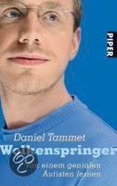 Boekomslag Wolkenspringer met een portret van Daniel Tammet op een blauwe achtergrond en het Piper logo.