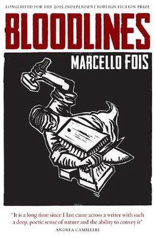 Boekcover met de titel 'Bloodlines' van Marcello Fois. Een illustratie toont een figuur die een beitel in een blok slaat.
