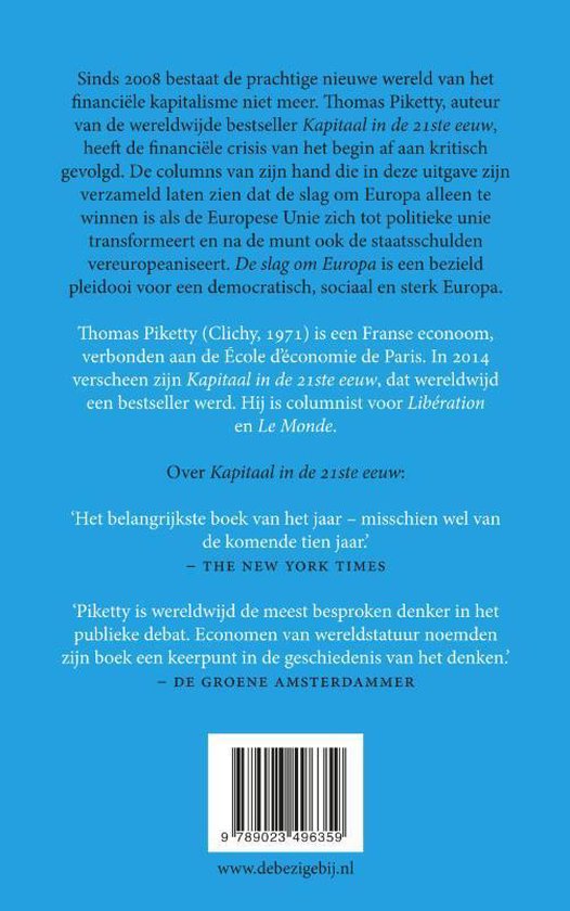 Achterkant van het boek 'De slag om Europa' van Thomas Piketty met tekstuele samenvatting en recensies.