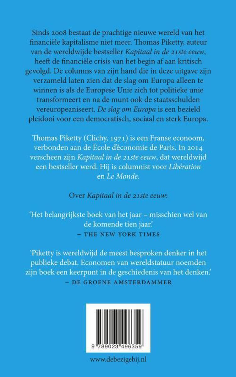 Achterkant van het boek 'De slag om Europa' van Thomas Piketty met tekstuele samenvatting en recensies.