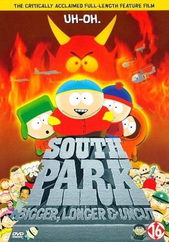 Cover van de "South Park: Bigger, Longer & Uncut" DVD. Stan, Kyle, Cartman en Kenny staan vooraan, met een boze demon en vlammen op de achtergrond. De titel is "UH-OH."