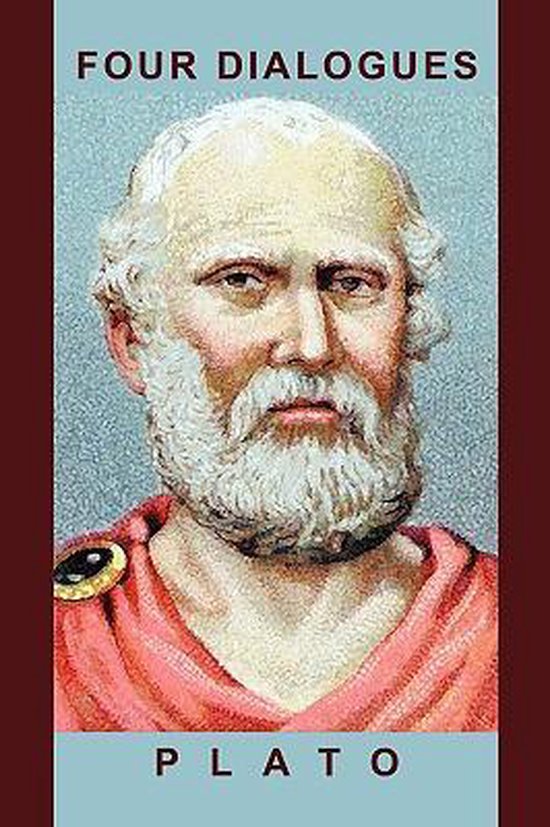 De voorkant van het boek 'Four Dialogues' van Plato. Het toont een schilderij van Plato met een rode mantel en een gouden broche.
