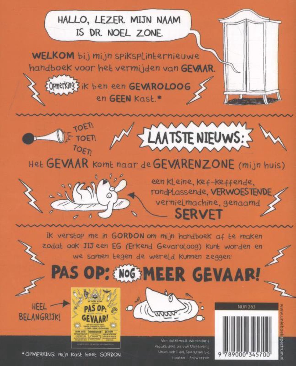 Achterkant van een kinderboek met illustraties van een hond, een krokodil, een tandenborstel en tekst.