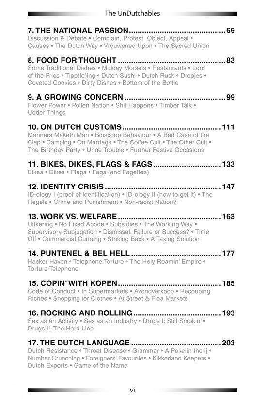 Pagina uit een boek met een inhoudsopgave van de hoofdstukken, inclusief Nederlandse gewoonten en taal.