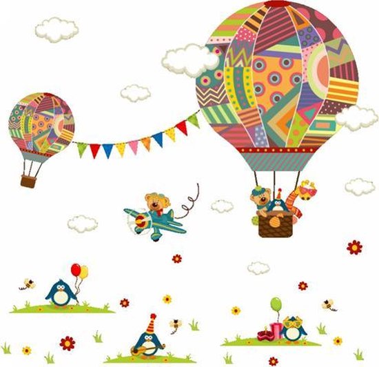 Decoratieve Muursticker - Luchtballon met dieren - Wanddecoratie voor kinderen