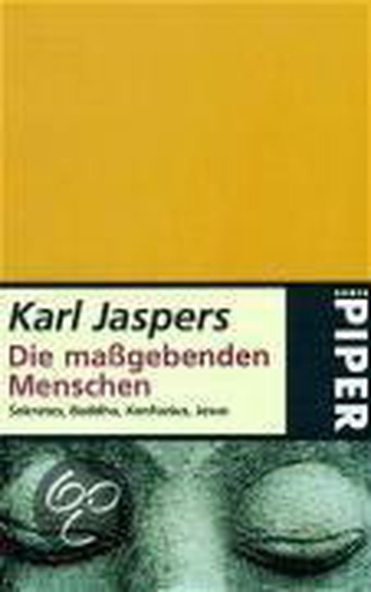 Boek kaft met gele en zwarte banden. Titel: Karl Jaspers, Die maßgebenden Menschen. Onderin een abstracte afbeelding van twee ogen.