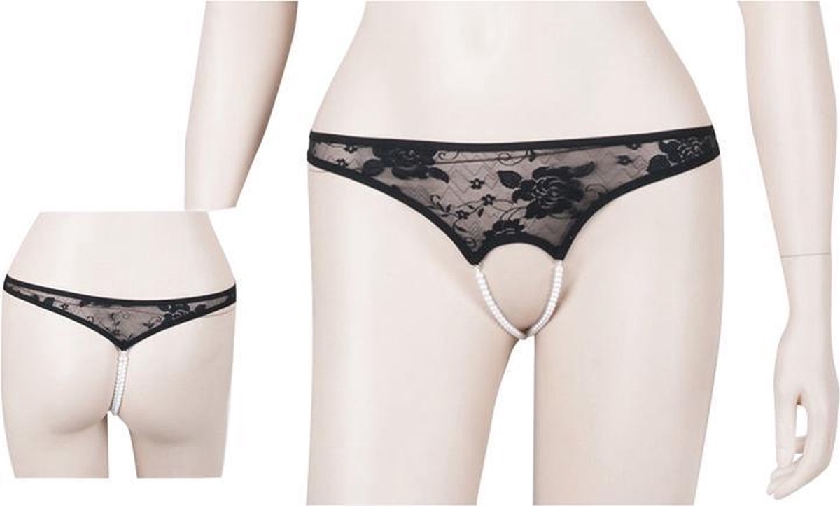 Goedkoopste Cottelli Collection – Kanten Rio String met Parels voor Extra Stimulatie tijdens een Verleidelijke Date – Maat L – Zwart