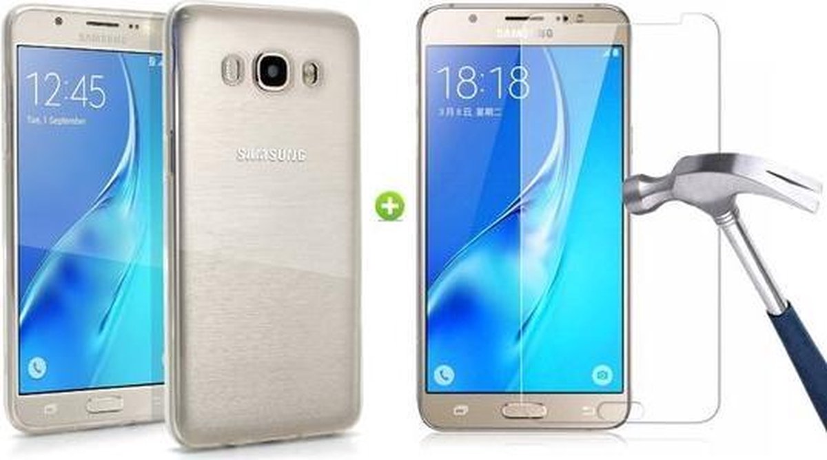 geschikt voor Samsung Galaxy J7 (2016) Ultra Thin 0.3mm Gel Silicone Transparant Case Hoesje + Glazen Screenprotector Tempered Glass 2.5D 9H (0.3mm)