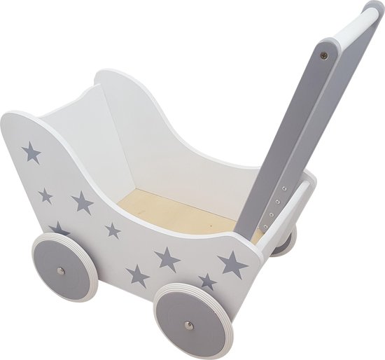 Playwood - Houten Poppenwagen wit zilver met sterren