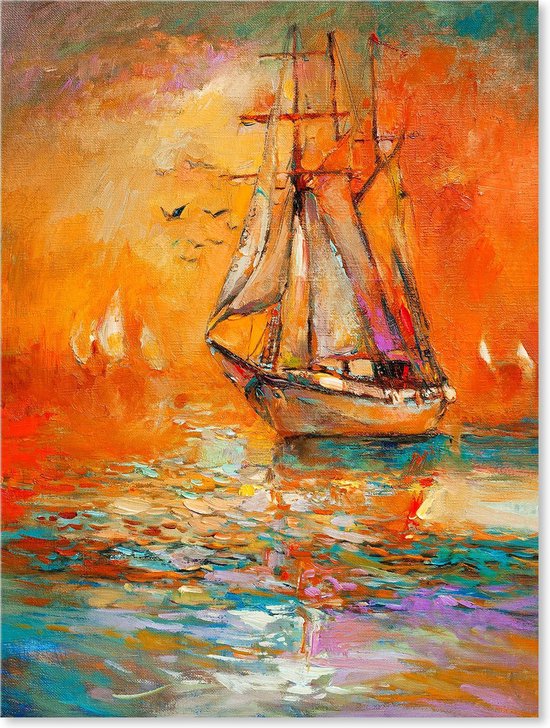 Graphic Message - Schilderij op Canvas - Boot op Zee - Kleurrijk - Oranje -  Woonkamer... | bol.com