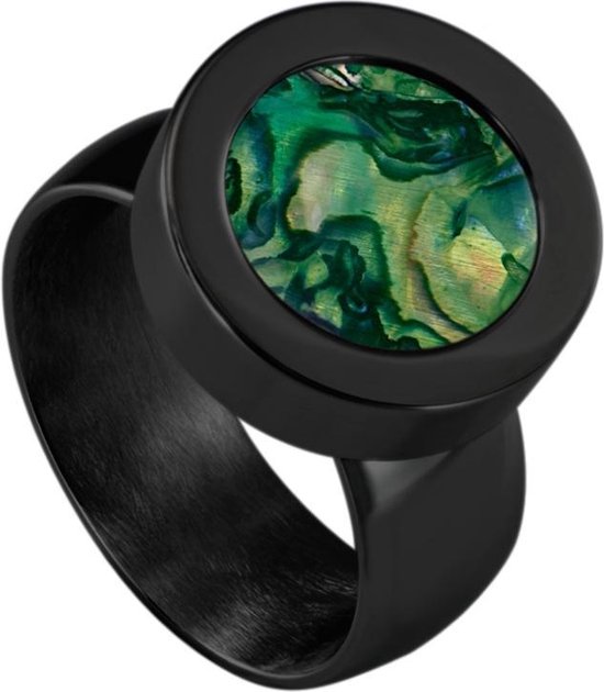 Quiges RVS Schroefsysteem Ring Zwart Glans 19mm met Verwisselbare Parelmoer Groen Schelp 12mm Mini Munt