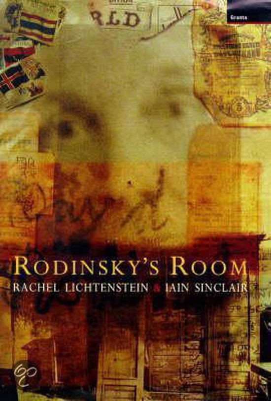 Boekomslag met de titel Rodinsky's Room, Rachel Lichtenstein & Iain Sinclair. Collage van krantenknipsels, documenten en een wazig gezicht.
