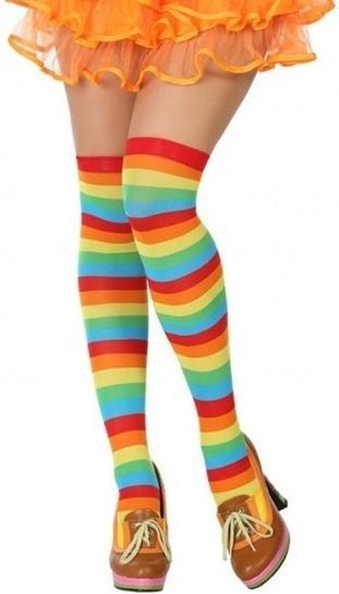 Dames kniehoge kousen met regenboogstrepen, rood, oranje, geel, groen, blauw en paars.