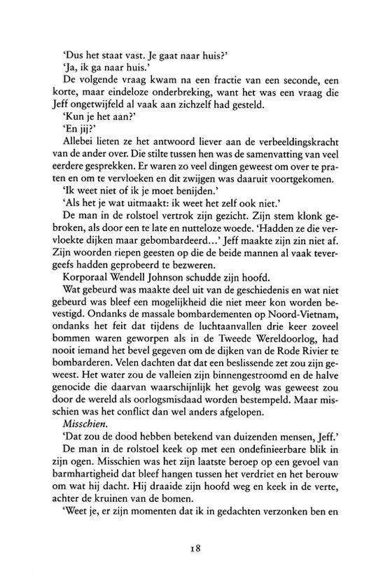 Tekstpagina met dialoog tussen soldaten die de gruwelen van de oorlog bespreken, met nadruk op het verlies van onschuld.