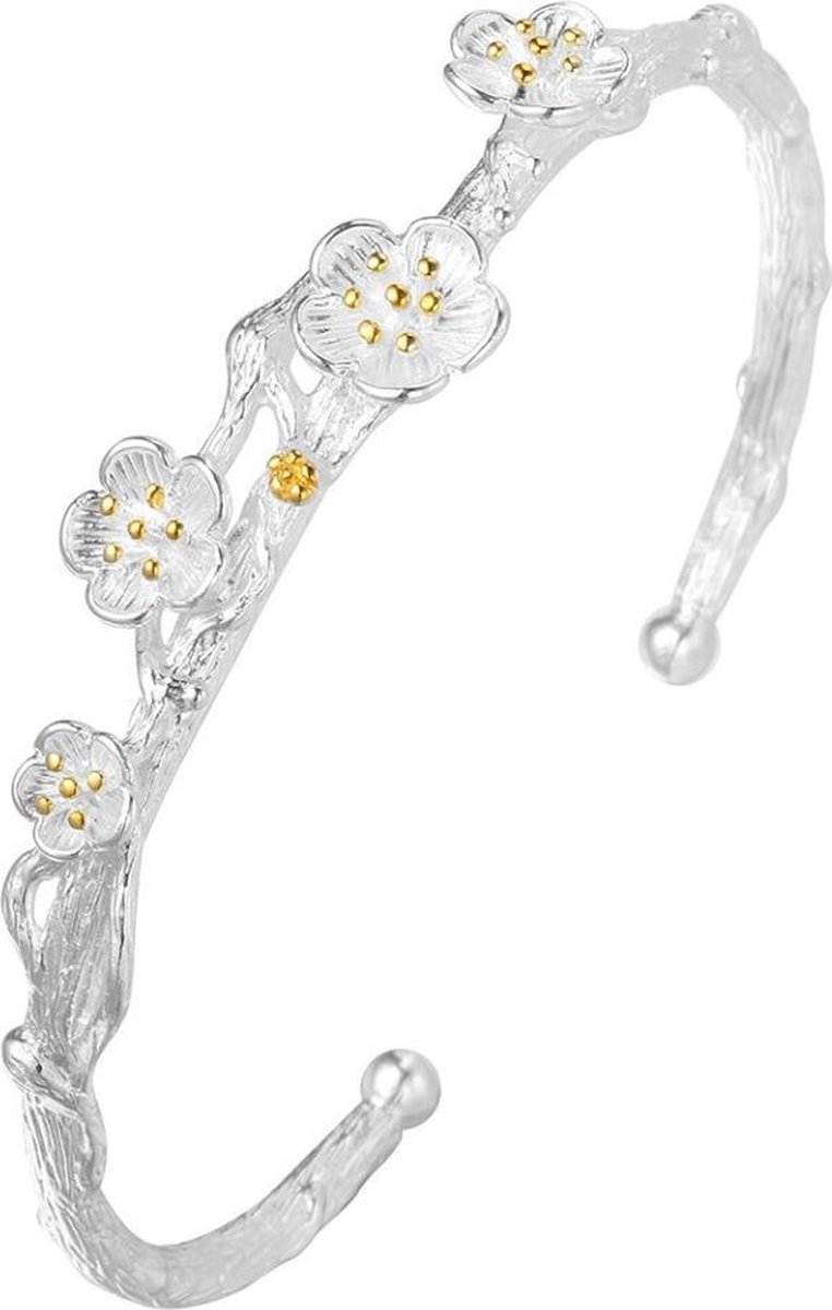 24/7 Jewelry Collection Bloemen Bangle Armband - Bloem - Bloemetjes - Madeliefjes - Kersenbloesem - Zilverkleurig - Amodi