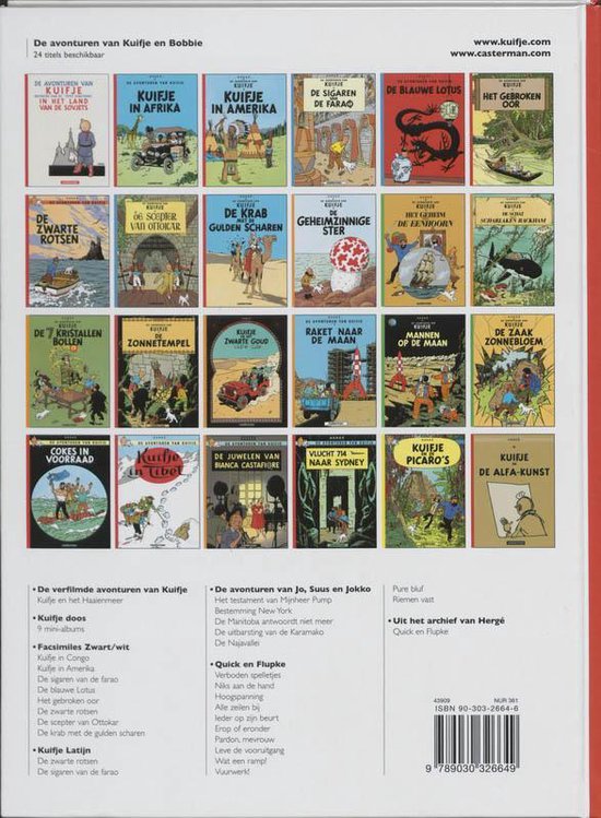 Overzicht van Kuifje-albums in kleur, met titels zoals 'Kuifje in Afrika' en 'De Blauwe Lotus'.