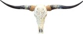 Longhorn skull gegraveerd wit - Skull - Longhoorn - Bali - Wanddecoratie - Muurdecoratie - 110 - 130 cm breed