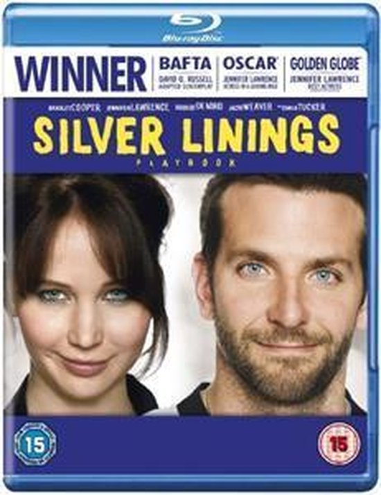 Blu-ray hoesje van Silver Linings Playbook met Jennifer Lawrence en Bradley Cooper, die naar de kijker kijken. "WINNAAR" staat bovenaan.
