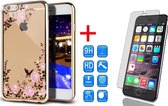 Apple iPhone 6 (S) Plus - Siliconen Cover Transparant met Gouden Rand en Bloemetjes + Tempered Glass Screenprotector 2,5D 9H (Gehard Glas)