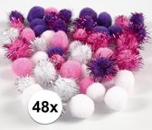 48x knutsel pompons 15-20 mm wit/paars