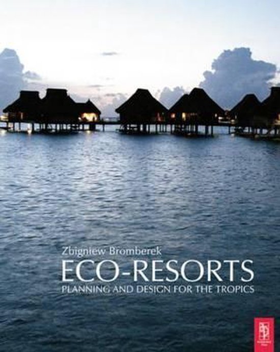 Boek 'Eco-Resorts' met afgelegen bungalows in het water bij zonsondergang.