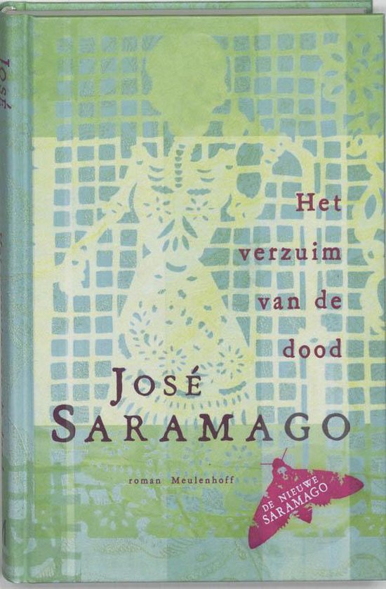 De voorkant van het boek Het Verzuim Van De Dood door José Saramago, met een gestileerde vrouwelijke figuur en vlinder.