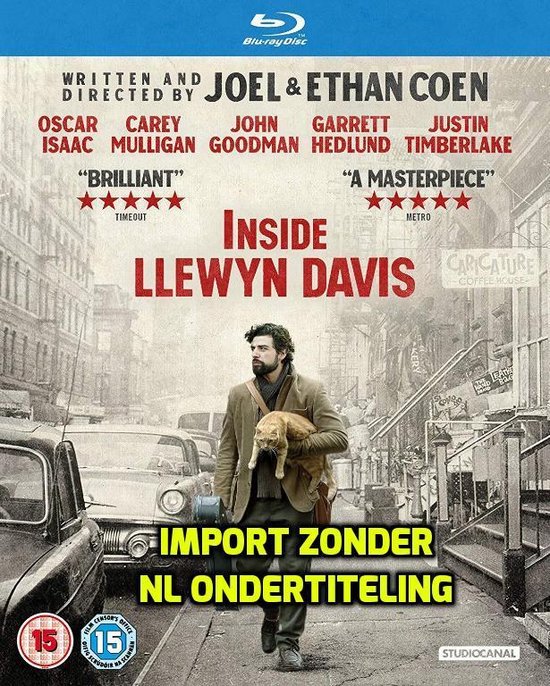 Voorkant Blu-ray hoes "Inside Llewyn Davis". Een man met een kat loopt op straat. Tekst: "IMPORT ZONDER NL ONDERTITELING".
