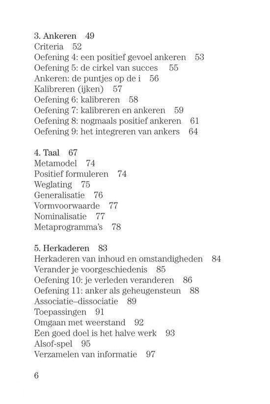 Inhoudsopgave van 'Het ABC van NLP' met hoofdstukken en paginanummers.