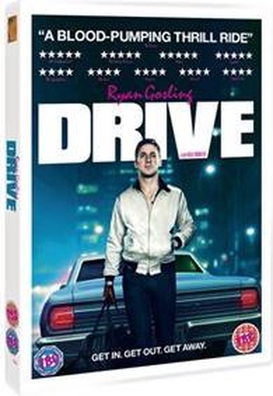 DVD-hoes van Drive met Ryan Gosling die voor een auto staat.