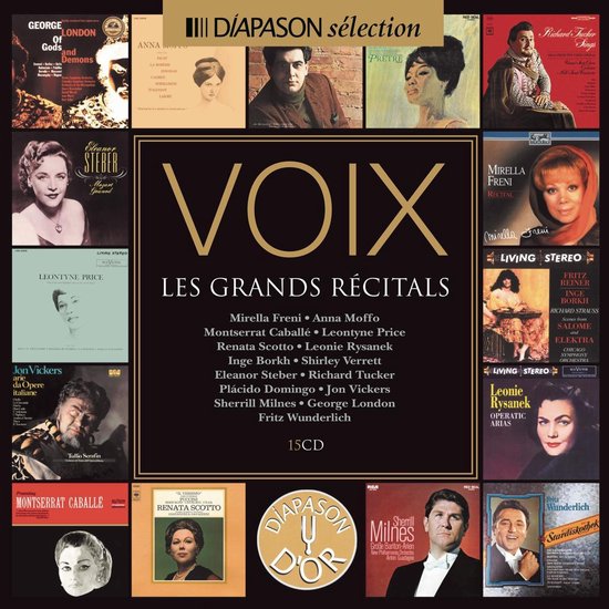 Albumhoes met de titel 'VOIX LES GRANDS RÉCITALS' in grote gouden letters, met collage van portretten van klassieke zangers en titels van opera's.