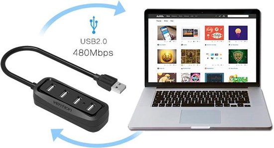 USB 2.0 Hub 4 poorten USB Splitter OTG Adapter - 1 Meter kabel - Zwart - Vention