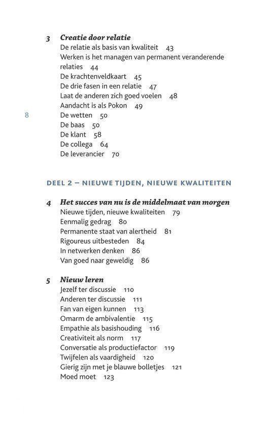 Inhoudsopgave met hoofdstuktitels zoals Creatie door relatie en Succes nu is middelmaat.