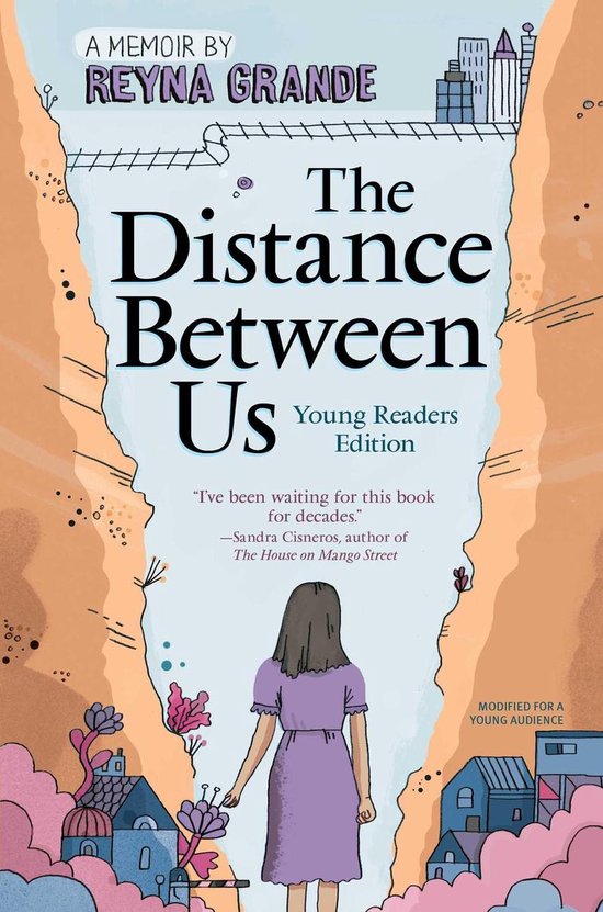 Couverture du livre "The Distance Between Us, Young Readers Edition" par Reyna Grande. Jeune fille en robe violette, avec une ville en arrière-plan.
