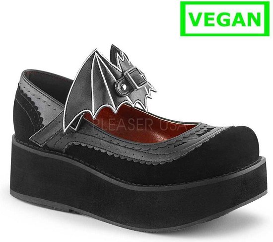 Sprite-09 Mary Jane schoen met vleermuizen gesp zwart vegan leer/fluweel - Gothic Metal Glamrock - (EU 36 = US 6) - Demonia