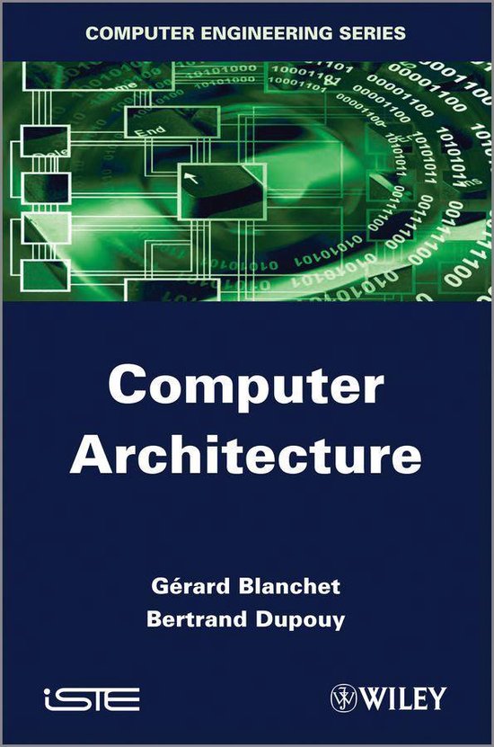 Boekomslag 'Computer Architecture' met groene achtergrond van binaire code en schema's op een donkerblauwe achtergrond.