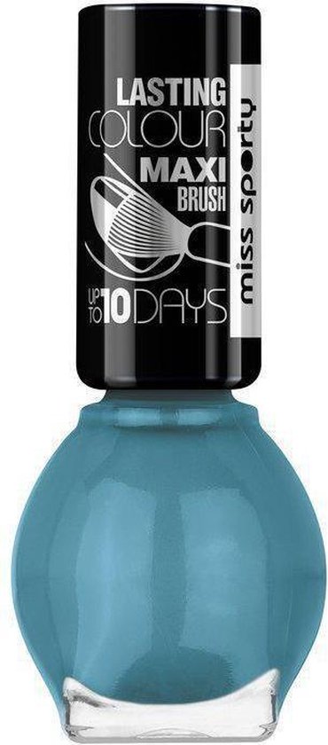 Flesje Miss Sporty nagellak in de kleur 545 Happy Blue Day. De zwarte dop heeft tekst: 'Lasting Colour Maxi Brush up to 10 days'.
