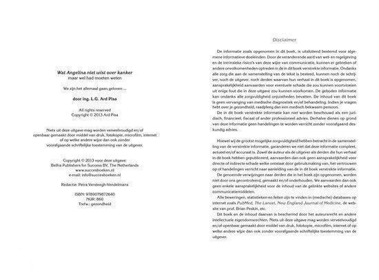 Open boekpagina's met tekst. Links: 'Wat Angelina niet wist over kanker'. Rechts: 'Disclaimer'.