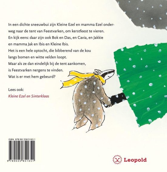 Boek 'Kleine Ezel viert kerstfeest'. Illustratie van een das met gele sjaal in de sneeuw.