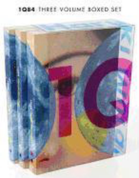 Een IQ84 boxset met drie delen. De cover toont een oog en cijfers.