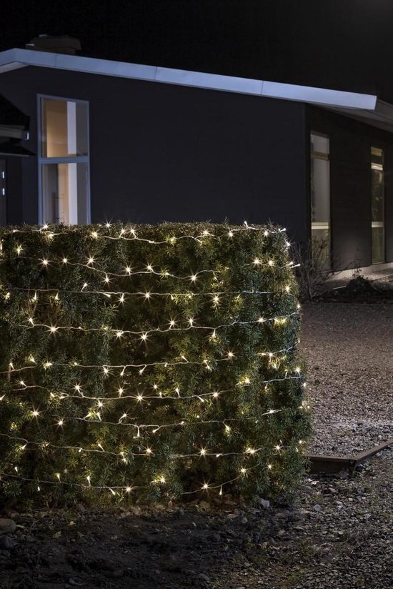 Haag versierd met een lichtsnoer met warmwitte micro-leds in de avond.
