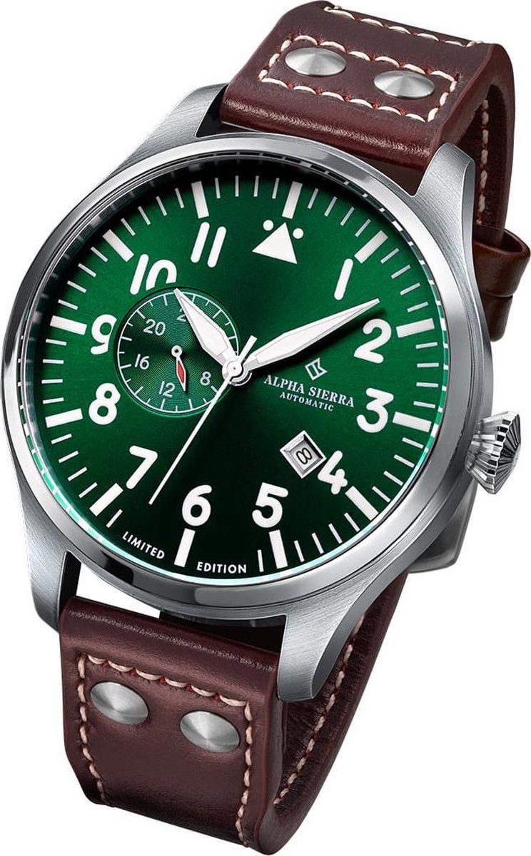 Alpha Sierra Automatic AM4 Herenhorloge Bruin Leren Band Groene Wijzerplaat O. bol