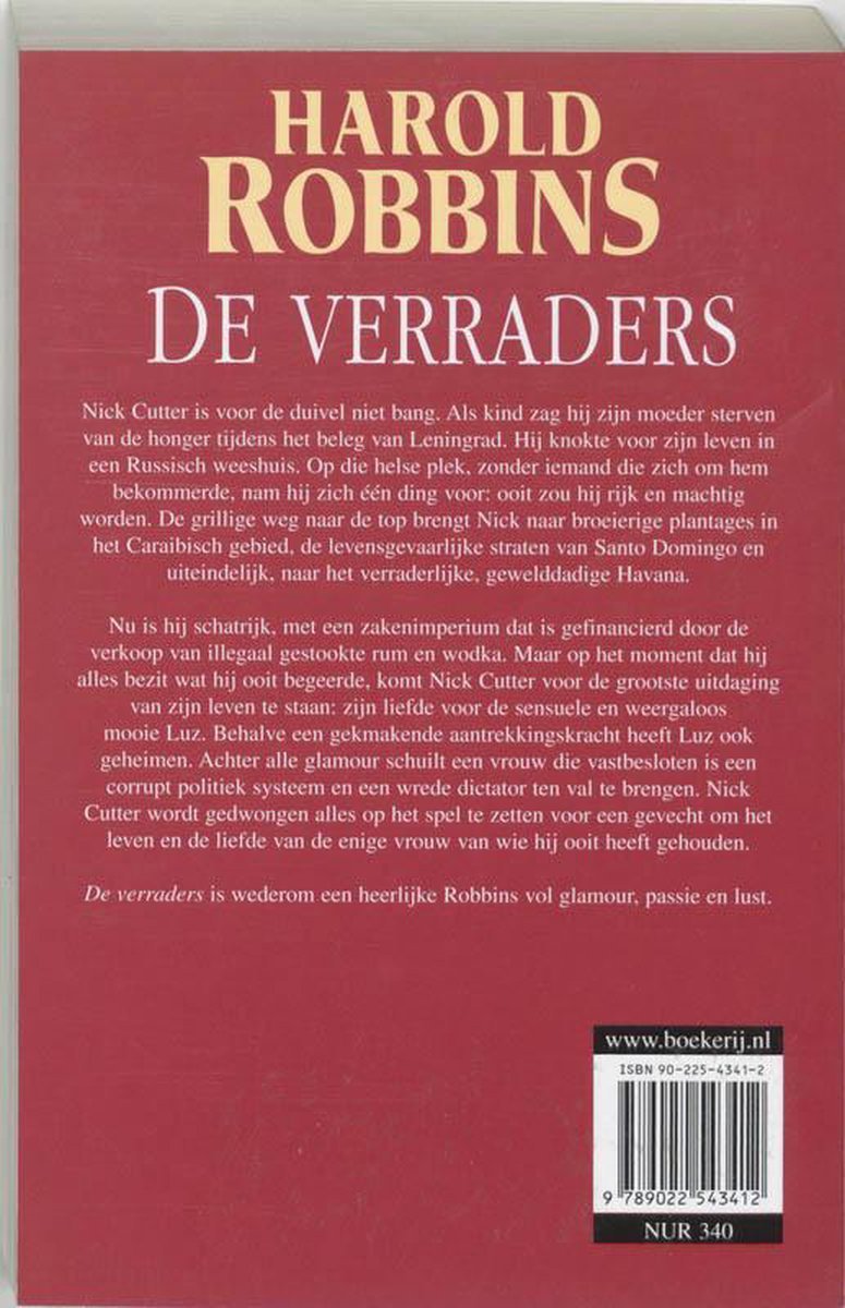 Achterkant boek "De Verraders" van Harold Robbins, met tekst en barcode.