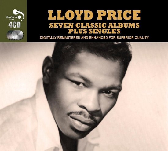 Zwart-wit foto van Lloyd Price, met "LLOYD PRICE SEVEN CLASSIC ALBUMS PLUS SINGLES" erop.