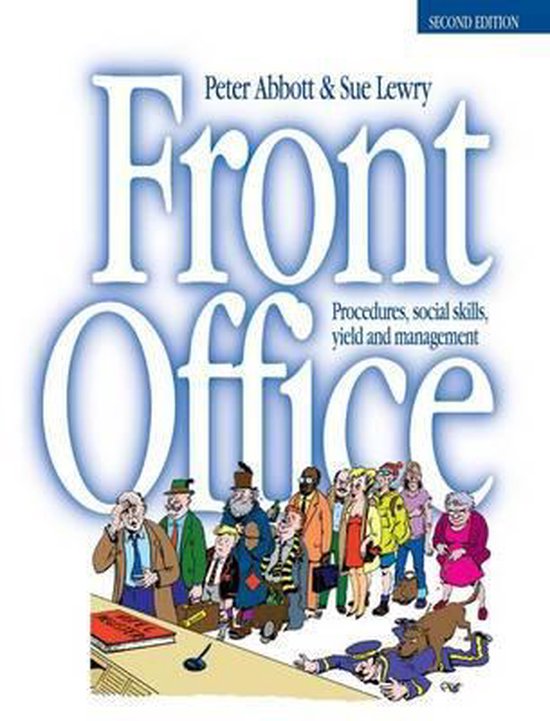 Tweede editie van 'Front Office' met de ondertitel 'Procedures, sociale vaardigheden, rendement en management'. De cover toont een illustratie van mensen in een kantoor.
