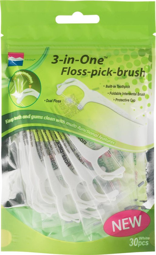 Schaap Rouwen verwarring Floss-Pick-Brush - 3 in One tandenstokers - zakje 30 stuks | bol.com