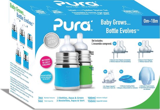 Babyflesje - Pura starterset - Plasticvrij - 150 ml -  Aqua - Groen
