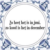 Tegeltje met Spreuk (Tegeltjeswijsheid): Zo heet het is in juni, zo koud is het in december + Kado verpakking & Plakhanger