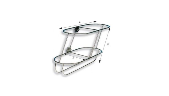 Schuine RVS stootwillenhouders voor twee stootwillen, met dubbele ovalen mand en afmetingen A, B, C.