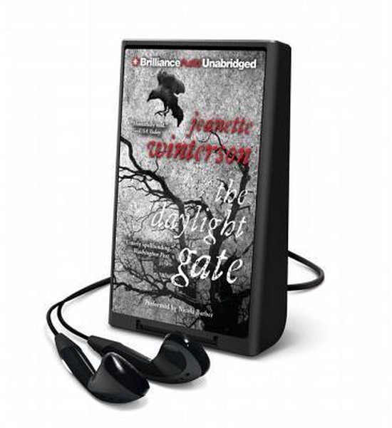 Le lecteur audio avec écouteurs montre la couverture 'The Daylight Gate' de Jeanette Winterson, avec un corbeau et des branches.